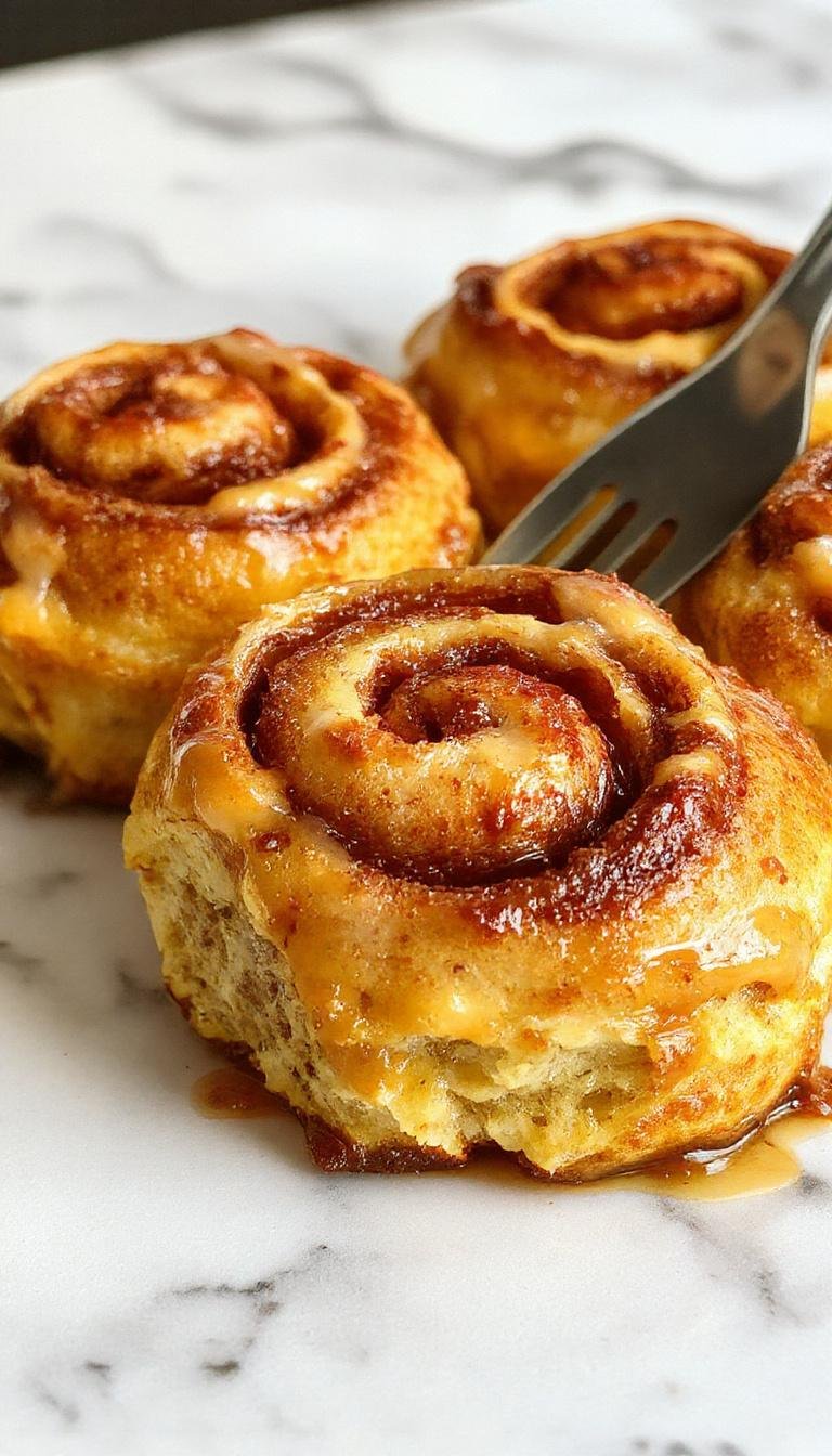 A plate of soft, fluffy pumpkin cinnamon rolls topped with icing and sprinkled with cinnamon, surrounded by autumn leaves.