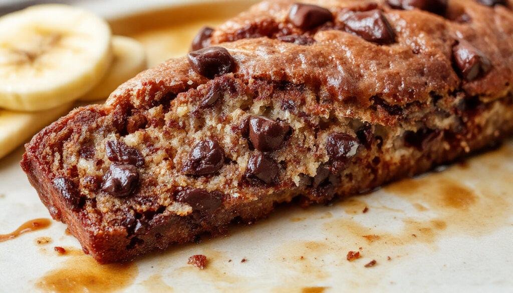 A golden-brown banana bread loaf studded with semi-sweet chocolate chips, sliced to reveal moist, tender crumb with melted chocolate pockets, presented on a rustic wooden platter with a few banana slices and additional chocolate chips scattered nearby.