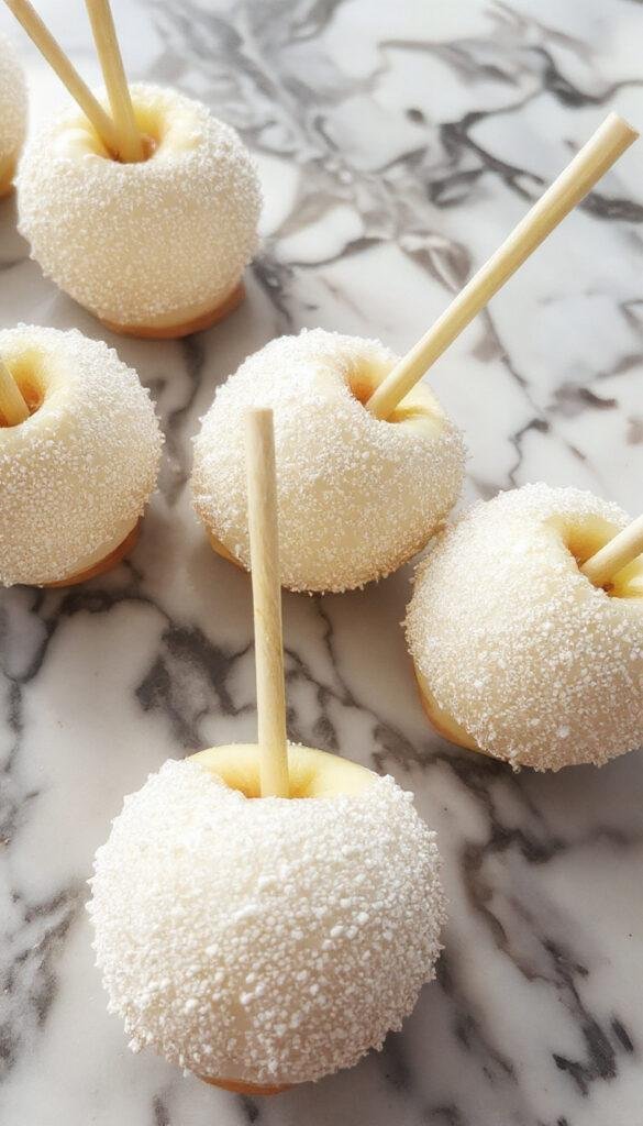 A close-up of shiny, coated white candy apples with sparkling sugar accents, displayed on a decorative platter for an elegant treat.