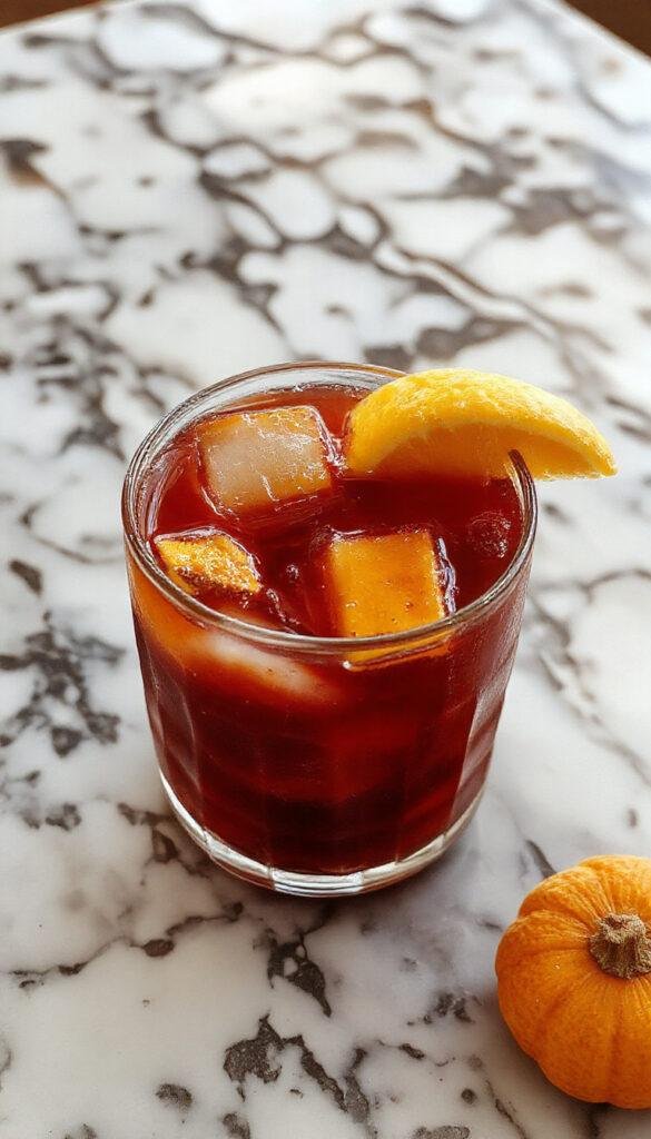 A vibrant pitcher of Spiced Pumpkin Sangria with Fireball whiskey, garnished with orange slices, cinnamon sticks, and pumpkin pieces, set against a fall-themed table.