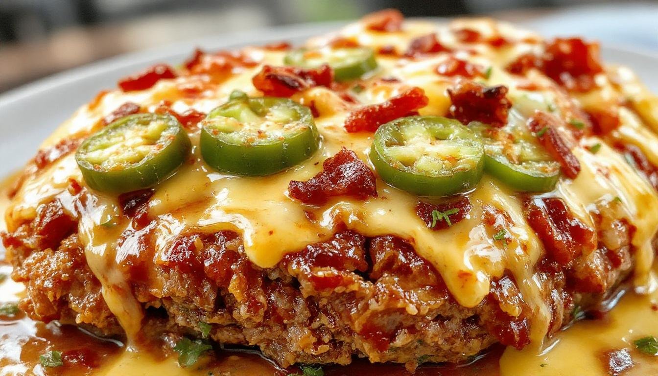A slice of meatloaf topped with crispy bacon and melted cheese, garnished with fresh jalapeño slices. The loaf has a caramelized crust with a moist interior, presented on a rustic wooden platter with a drizzling of spicy sauce around it.