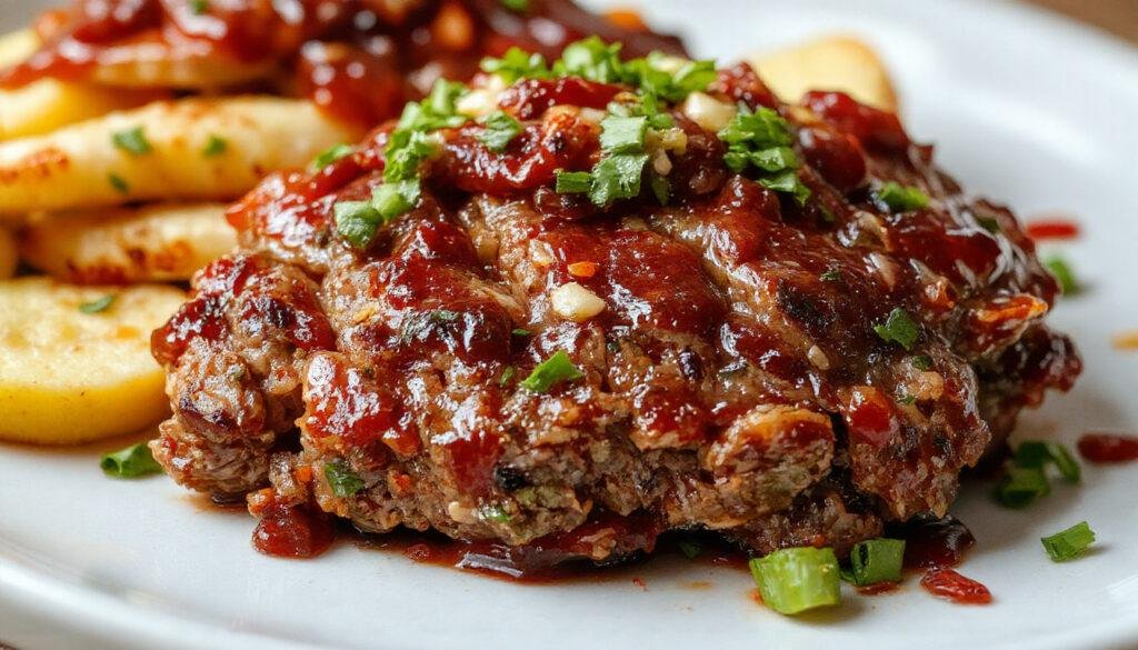A sliced Korean BBQ Meatloaf garnished with chopped green onions and sesame seeds, showcasing a glossy glaze on top. The meatloaf has a dark, flavorful crust, with tender, juicy interior visible in the cross-section. It's plated on a rustic wooden board with side accompaniments of fresh vegetables and rice, under warm, inviting lighting.