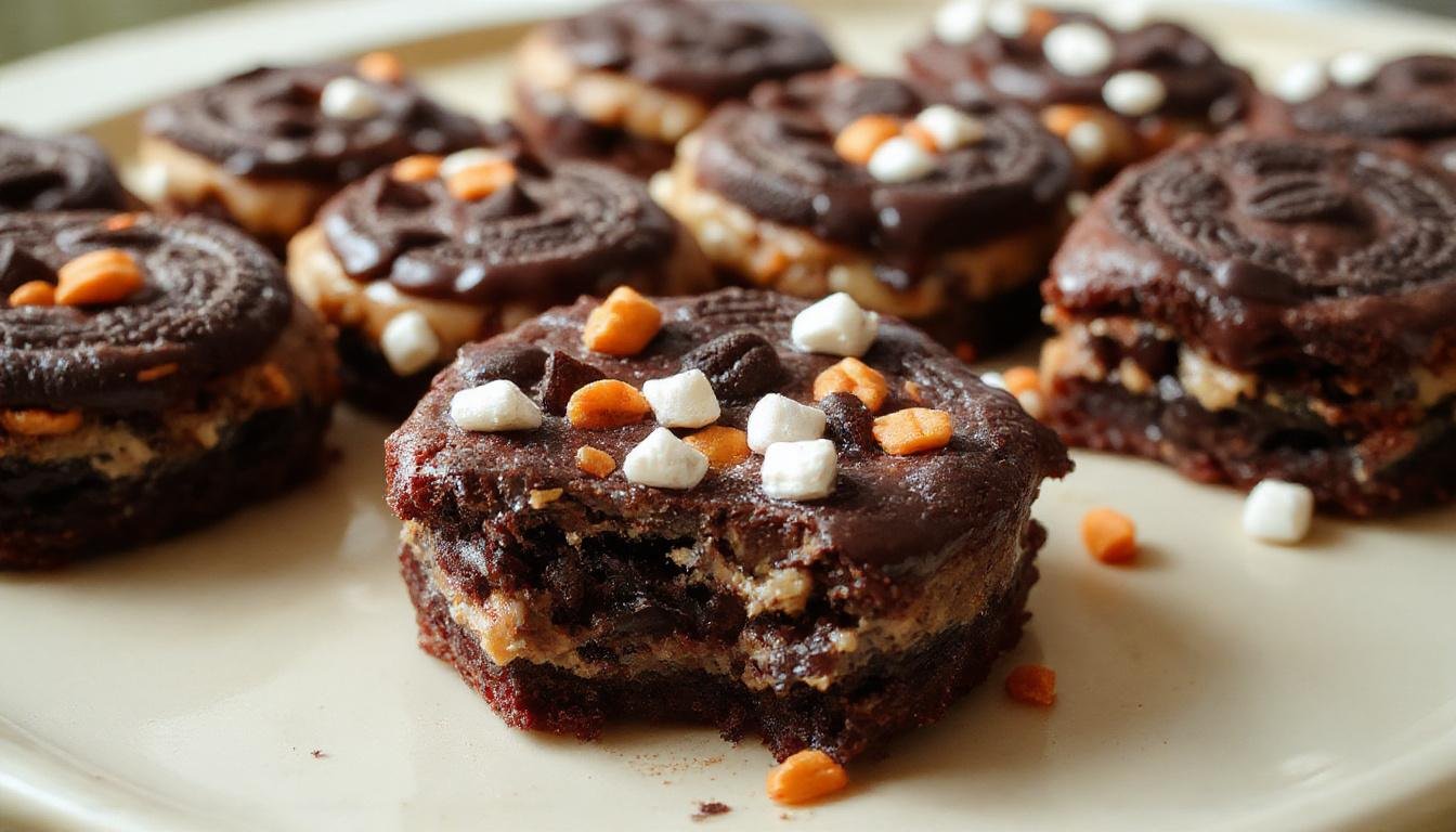 A close-up of a festive Halloween-themed brownie decorated with white and black icing to resemble a ghostly figure, garnished with mini Oreo cookies around the edges. The brownie has a glossy, fudgy surface with detailed spooky face decorations, set on a dark plate with spooky Halloween decorations in the background.