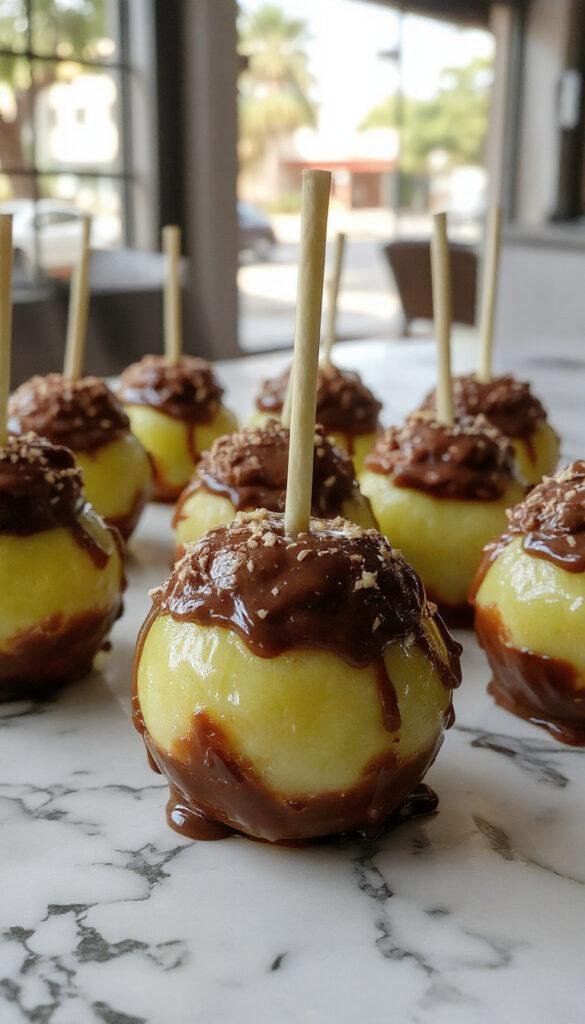 A creepy Halloween display featuring doll head-shaped chocolate apples with eerie painted facial features and dark green leaves.