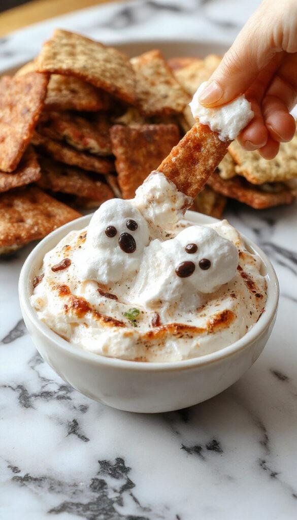 A spooky Halloween-themed s'mores dip with marshmallow ghosts, melted chocolate, and graham crackers on a dark plate.