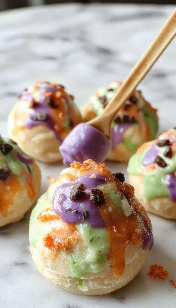 Vibrant Halloween-themed no-bake lush dessert with layered colorful jelly, whipped topping, and spooky decorations like candy eyes and gummies.