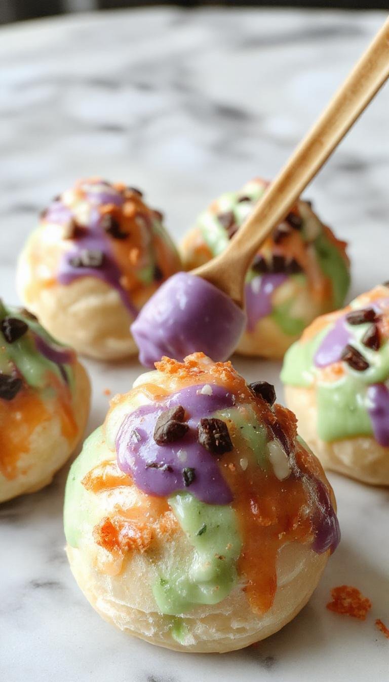 Vibrant Halloween-themed no-bake lush dessert with layered colorful jelly, whipped topping, and spooky decorations like candy eyes and gummies.