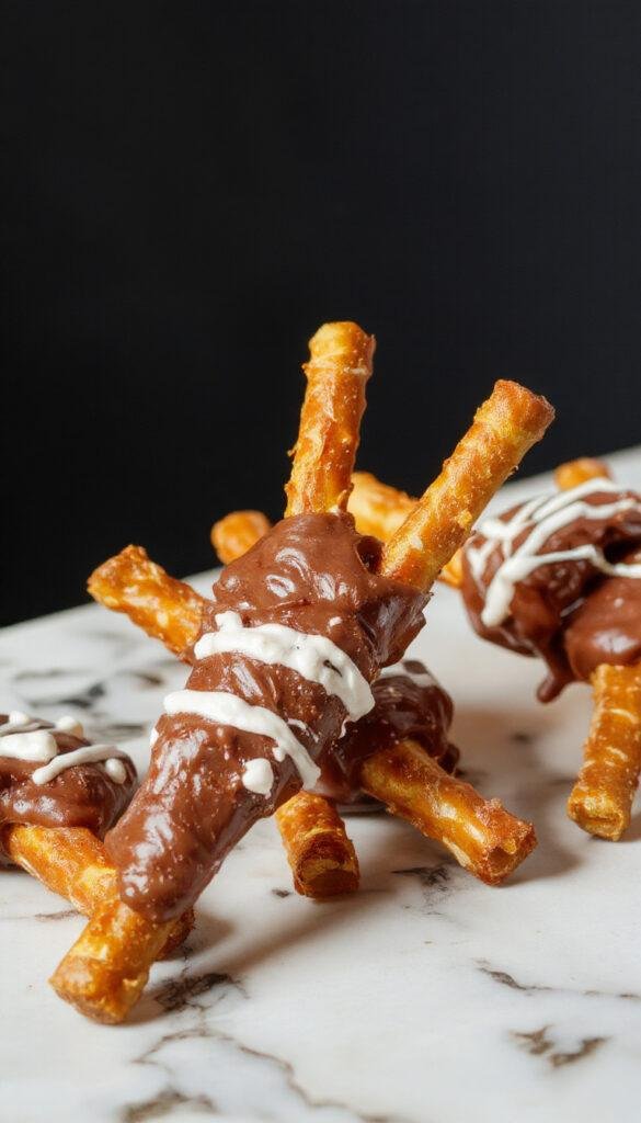 A plate of Halloween-themed pretzel rods dipped in dark and white chocolate, decorated with colorful sprinkles and spooky candy eyes.