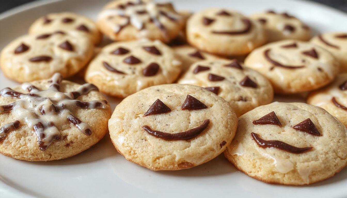 A plate of colorful Halloween sugar cookies decorated with vibrant icing in the shapes of ghosts, pumpkins, and bats, all with playful, spooky expressions. The cookies are arranged on a festive Halloween-themed platter with sprinkles and decorative accents, highlighting their bright colors and intricate designs.