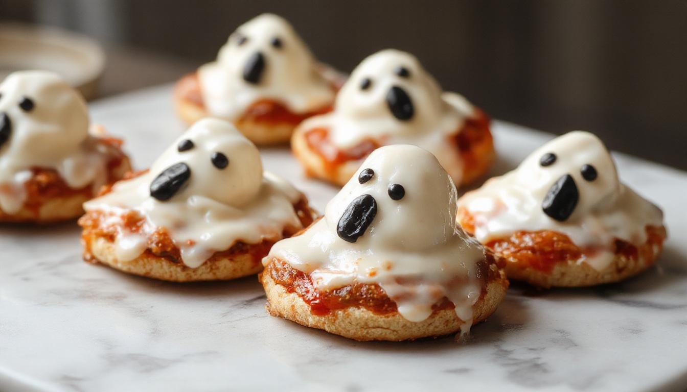 A close-up of mini ghost-shaped pizzas with golden-brown crusts, topped with melted cheese and black olive eyes, arranged on a festive Halloween-themed plate with orange and black decorations in the background.