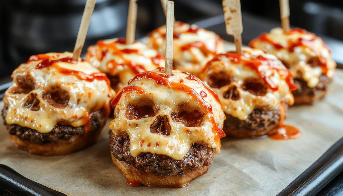 A plate featuring creatively shaped cheeseburger skulls with toasted buns resembling skulls, topped with melted cheese, lettuce, and tomato slices. The skulls are garnished with small olive slices for eyes and a strip of ketchup for a tongue, presenting a spooky yet appetizing Halloween-themed meal on a dark, textured surface.