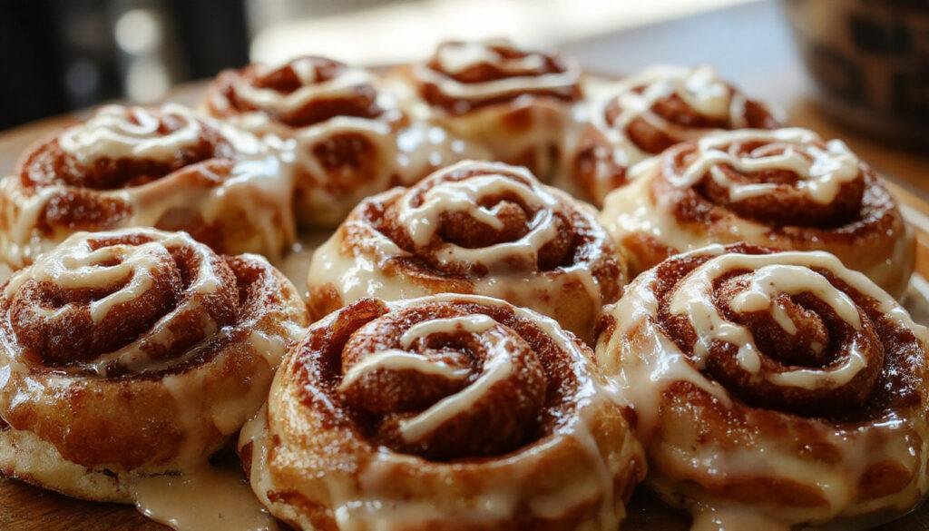 A spooky Halloween-inspired display featuring cinnamon roll brains with intricate folds resembling brain textures, topped with a drizzle of icing and placed on a dark, eerie platter, garnished with fake cobwebs and eerie green mist around them.
