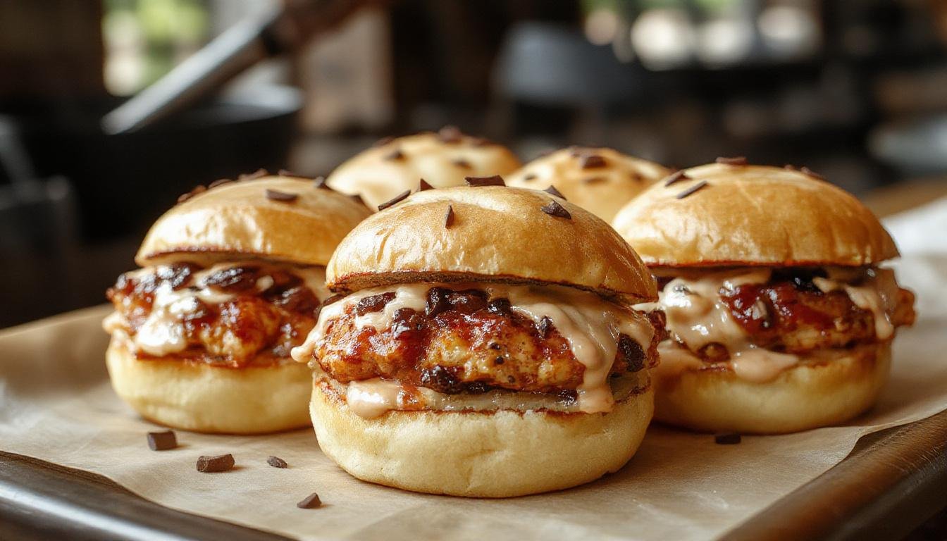 A close-up of Halloween Chicken Parm Sliders arranged on a festive serving platter. Each slider features a toasted slider bun topped with crispy breaded chicken, marinara sauce, melted mozzarella cheese, and garnished with a spooky Halloween-themed toothpick. The background has a dark, eerie Halloween-themed tablecloth with orange and black accents, highlighting the colorful ingredients and the appealing textures of the sliders.