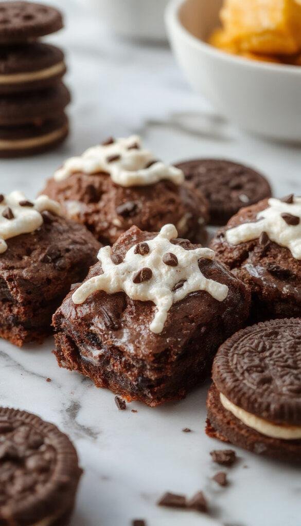 A spooky Halloween-themed platter featuring rich Oreo brownies decorated with ghost and pumpkin icing, surrounded by eerie candy decorations.