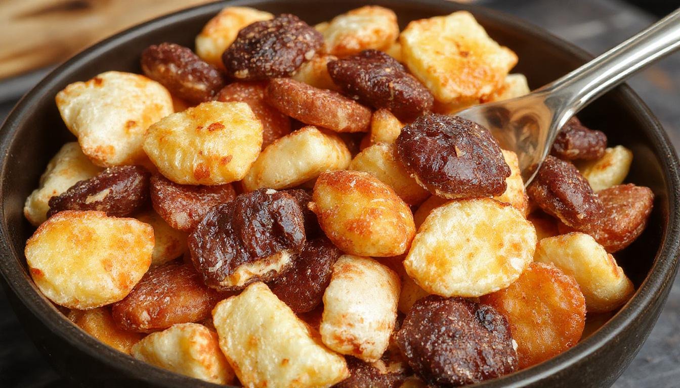 A close-up of Vampire Bite Trail Mix featuring bright red candies resembling vampire bites, mixed with nuts, dried fruits, and colorful Halloween-themed snacks arranged in a clear bowl with a dark background, highlighting the vibrant colors and varied textures.