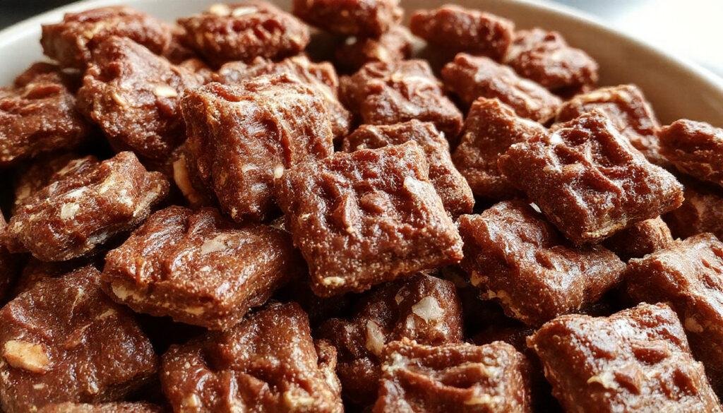 A plate of smiling dog treats shaped like tiny werewolf heads with detailed fur textures and fierce expressions, arranged on a rustic wooden surface with a dark, spooky background.