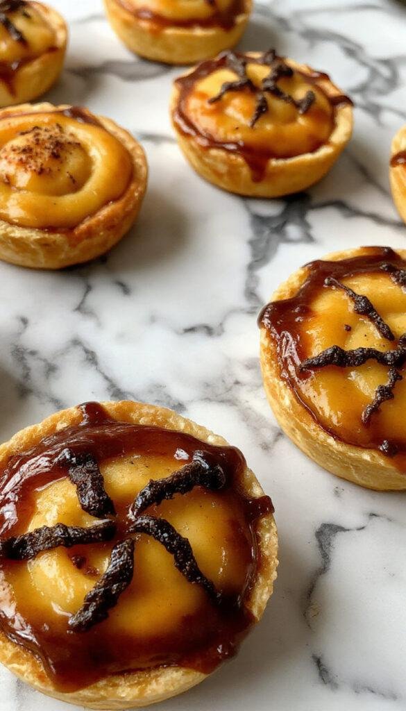 A plate of spooky mini Halloween pies decorated with witch hats, ghosts, and pumpkins, set on a festive Halloween table.