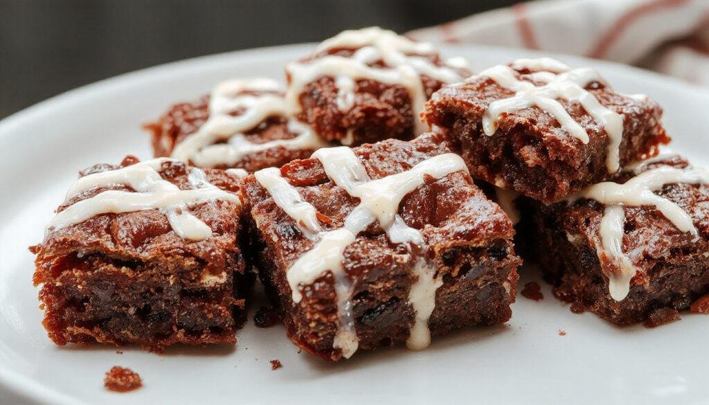 A close-up image of rectangular brownies decorated as mummies, covered with white icing bandages, with small candy eyes peeking out from the bands, arranged on a dark serving plate with a spooky Halloween background.