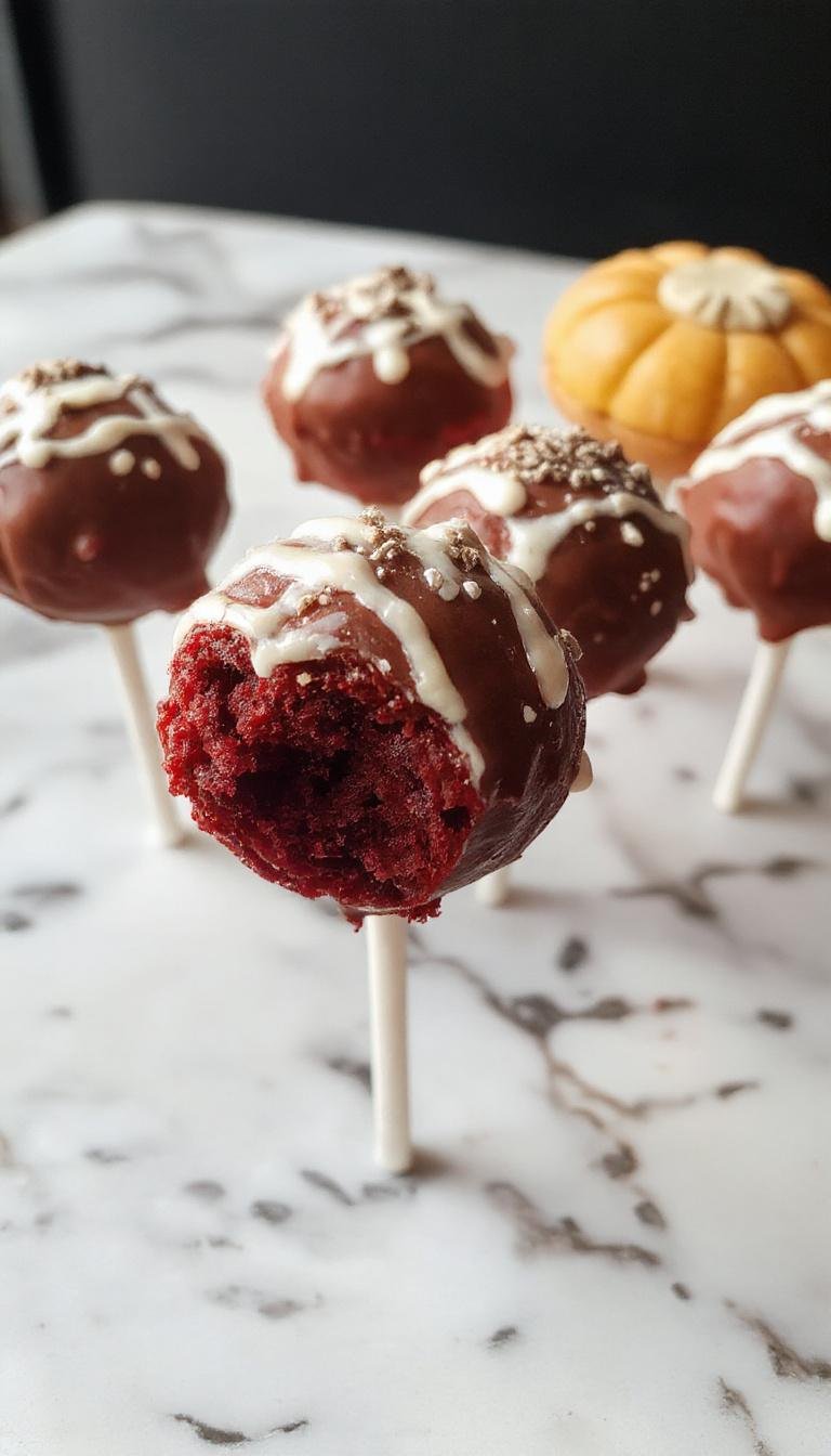 Colorful and spooky red velvet cake pops decorated with red, black, and orange Halloween-themed icing and sprinkles, arranged on a plate.