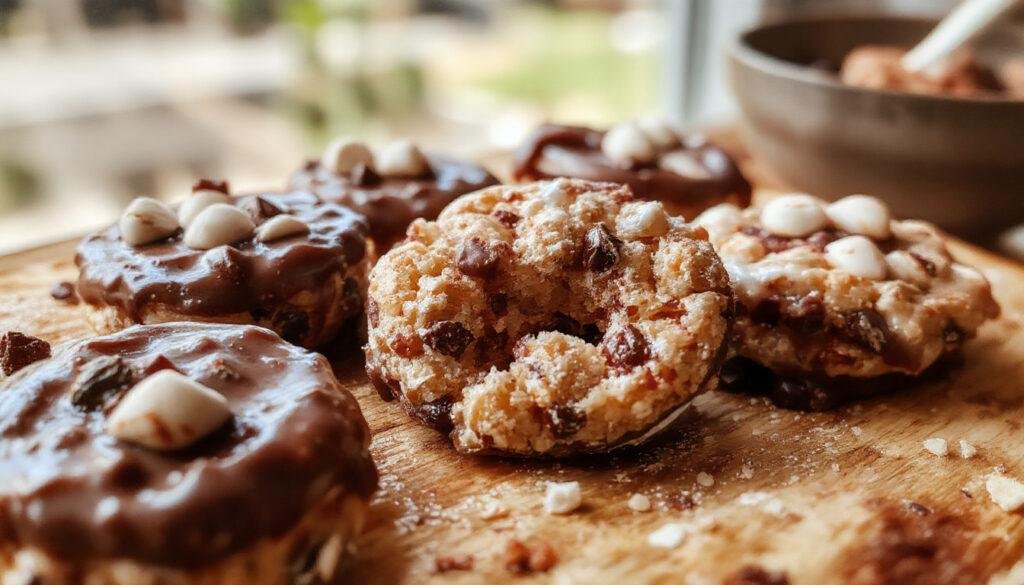 A vibrant plate of spooky Rice Krispies treats shaped like brains and ghosts, decorated with colorful icing and edible eyes, arranged on a dark-themed platter with Halloween decorations in the background.