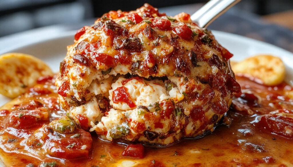 A close-up of a spooky, horror-inspired cheeseball shaped like Pinhead from Hellraiser, covered in evenly spaced black olives for the nails, with a dark, textured background. The cheeseball has a creamy, pale surface contrasted by the dark, glossy olives, creating a sinister yet appetizing appearance.