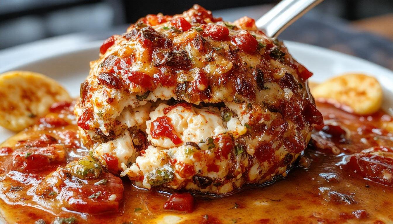 A close-up of a spooky, horror-inspired cheeseball shaped like Pinhead from Hellraiser, covered in evenly spaced black olives for the nails, with a dark, textured background. The cheeseball has a creamy, pale surface contrasted by the dark, glossy olives, creating a sinister yet appetizing appearance.