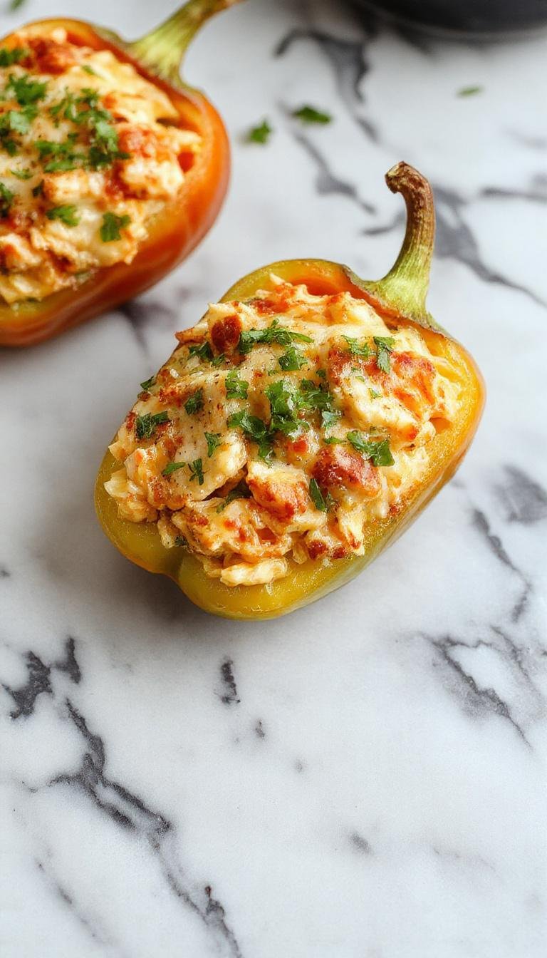 Colorful stuffed peppers filled with shredded chicken and rice, topped with spooky Halloween decorations like creepy eyes and spider webs.