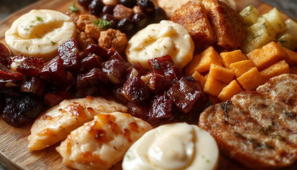 A festive Halloween charcuterie board featuring an assortment of colorful cheeses, cured meats, spooky shaped crackers, green and purple grapes, and ghost and pumpkin-shaped veggies. The board is decorated with small decorative pumpkins, black and orange themed accents, and creepy edible embellishments, creating a playful and inviting presentation.