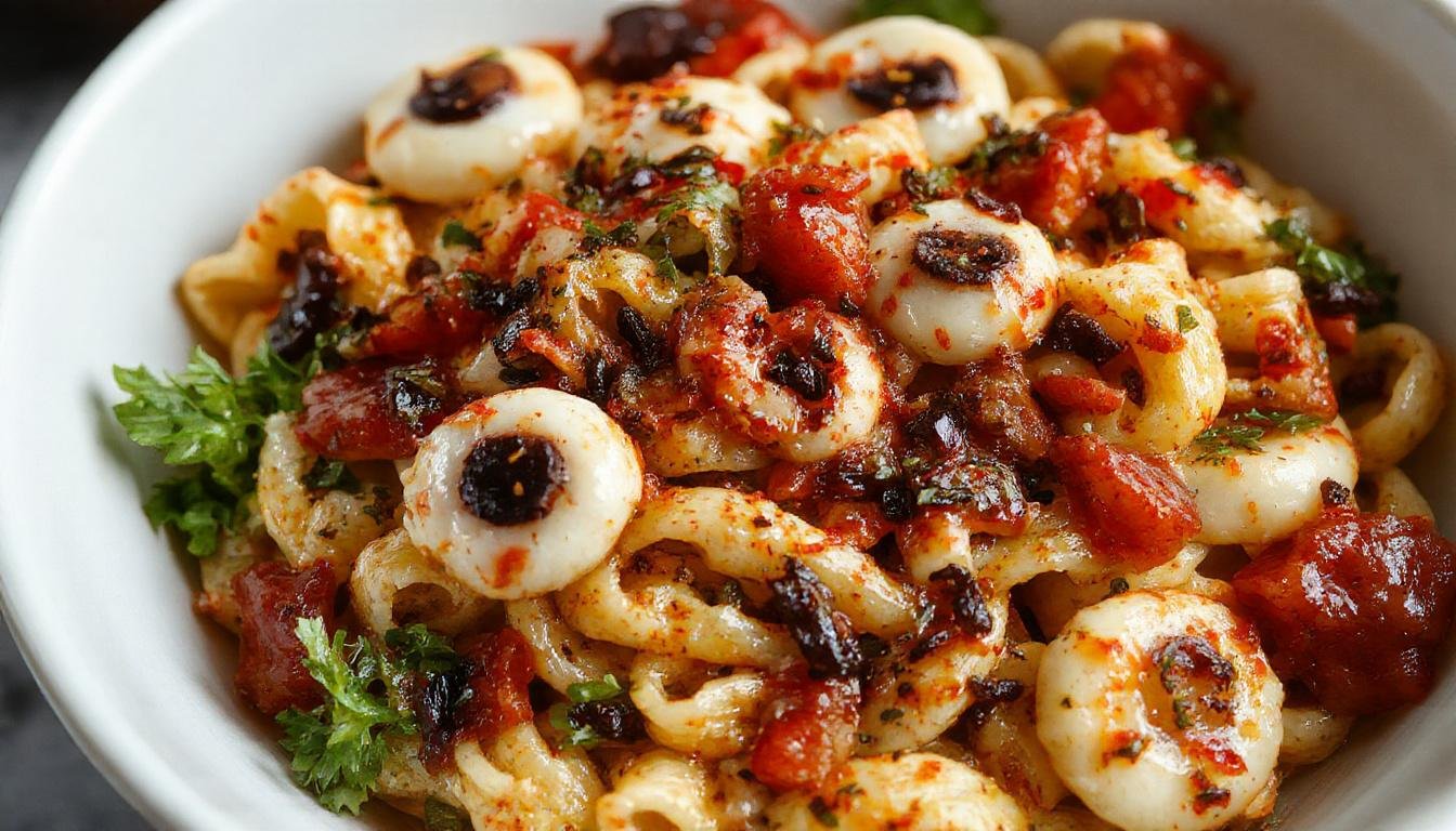 A vibrant Halloween-themed pasta salad featuring spiral pasta topped with eyeball-like spheres made from mozzarella balls with red pepper accents for veins, garnished with fresh herbs on a dark platter. The colorful ingredients contrast sharply with the dark background, creating a spooky yet appetizing presentation.
