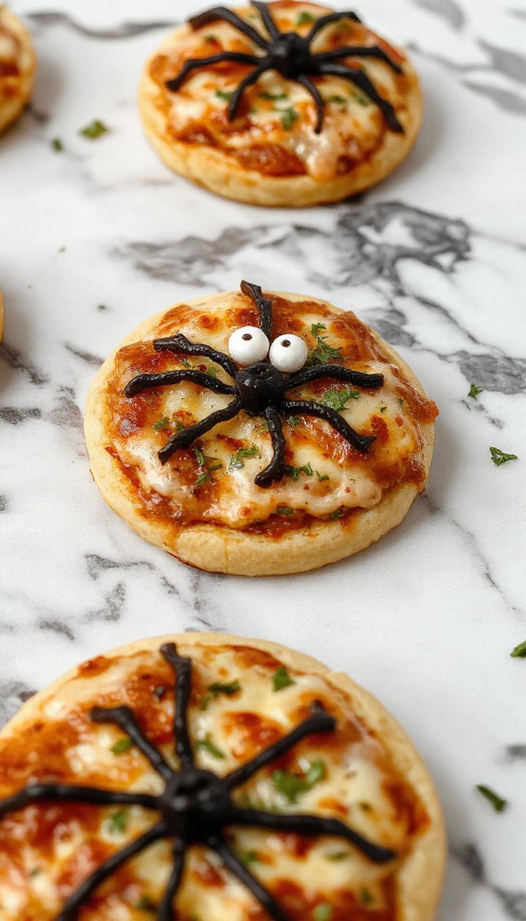 A platter of spooky Halloween mini pizzas decorated with ghost and pumpkin-shaped toppings, perfect for party bites.