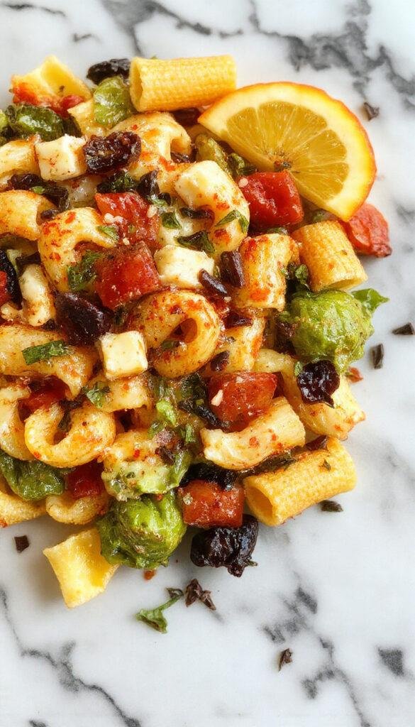 Colorful Halloween pasta salad with spooky decorations like eyeballs, spider-shaped pasta, and vibrant vegetables on a festive plate