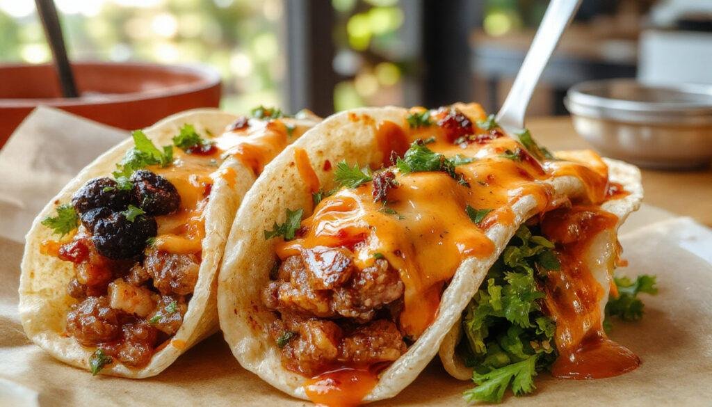 A festive Halloween Walking Taco Bar setup featuring small clear cups filled with seasoned ground beef, shredded cheese, lettuce, diced tomatoes, and sour cream. The cups are arranged on a black tablecloth decorated with orange and black themed accessories, with carved pumpkin and spooky decorations in the background. The presentation is colorful and inviting, showcasing the interactive nature of the taco bar with vibrant ingredients and a fun Halloween vibe.