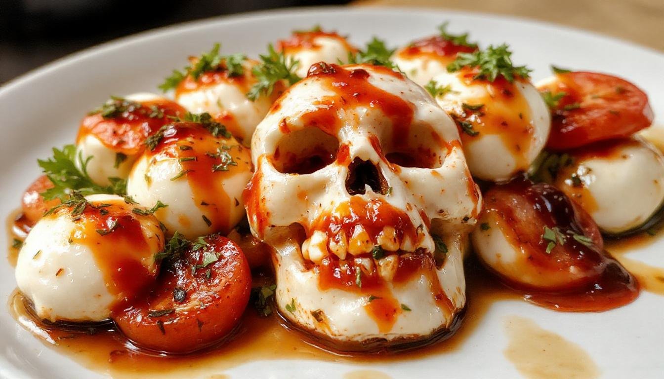 A creatively arranged skull-shaped Caprese Salad featuring slices of fresh red tomatoes, creamy white mozzarella, and vibrant green basil leaves, all assembled to resemble a spooky skull with detailed facial features. The salad is plated on a dark slate background, enhancing the vivid colors and intricate design, with drizzles of balsamic glaze adding a glossy finish and a haunting touch.