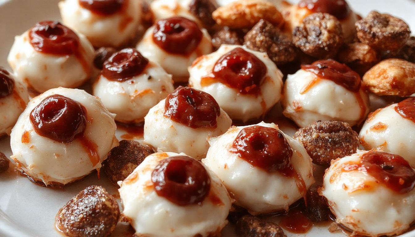 A close-up of creepy eyeball-shaped snacks arranged on a dark platter. The eyeballs have a white base with red or black centers, mimicking bloodshot eyes. They are garnished with green or black edible decorations to enhance the spooky effect, and the scene is accented with eerie, dim lighting for a Halloween vibe.