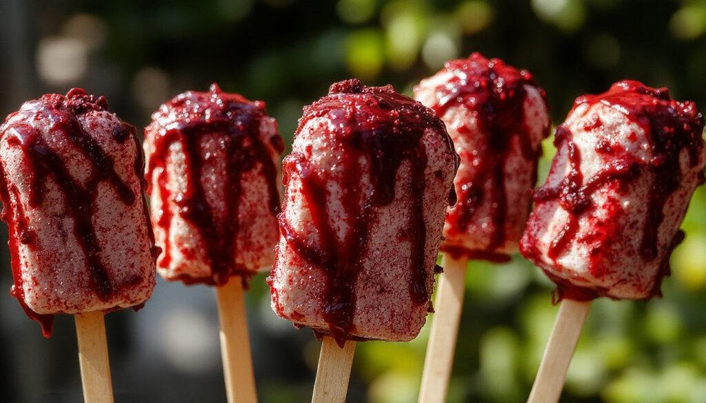 A set of Halloween-themed blood splatter cakesicles displayed on a dark surface. The cakesicles are coated in vibrant red icing with realistic blood splatter patterns, some decorated with spooky faces and others with various Halloween motifs. The glossy finish reflects light, highlighting the detailed splatter effects and spooky designs, with a few cakesicles leaning against each other for a playful presentation.
