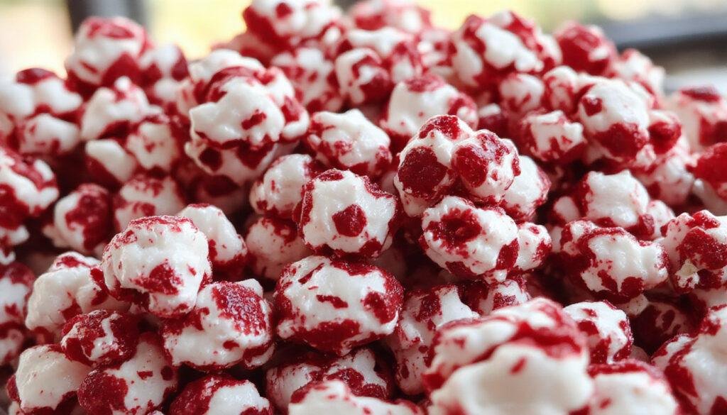 A close-up of a spooky Halloween-themed popcorn bowl featuring vibrant red velvet popcorn sprinkled with creepy black and orange edible decorations, set on a dark, textured surface with ghostly shadows.