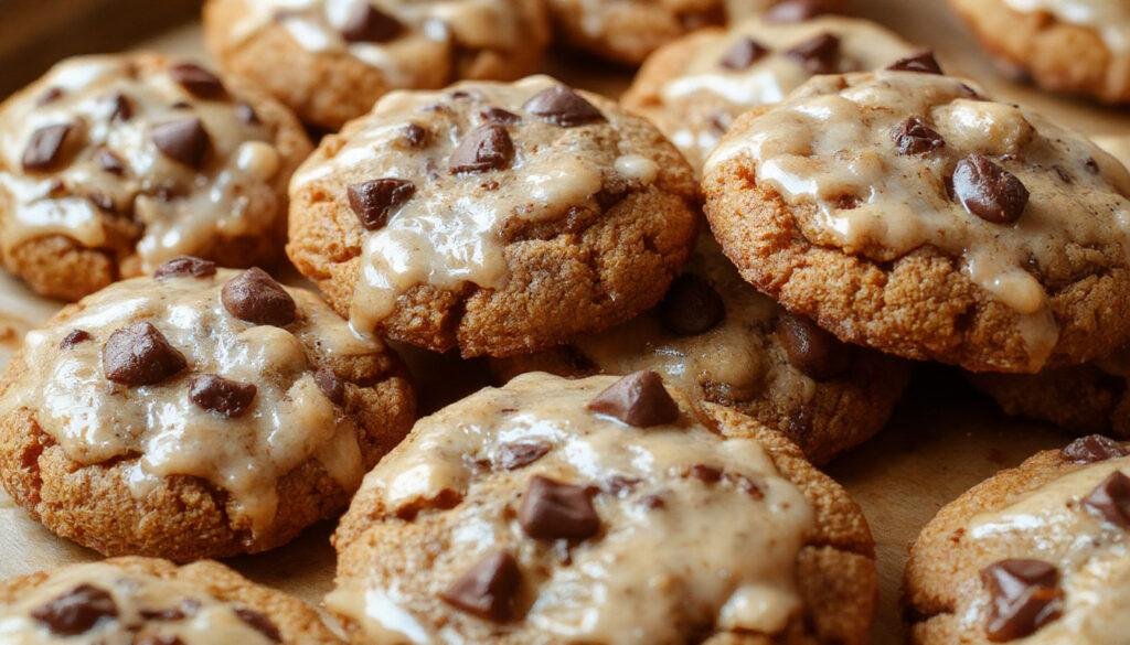 A plate of golden-brown pumpkin cookies with a smooth, slightly cracked surface, decorated with ghostly white icing eyes and mouth, arranged neatly on a rustic wooden table with fall-themed accents like small pumpkins and cinnamon sticks.