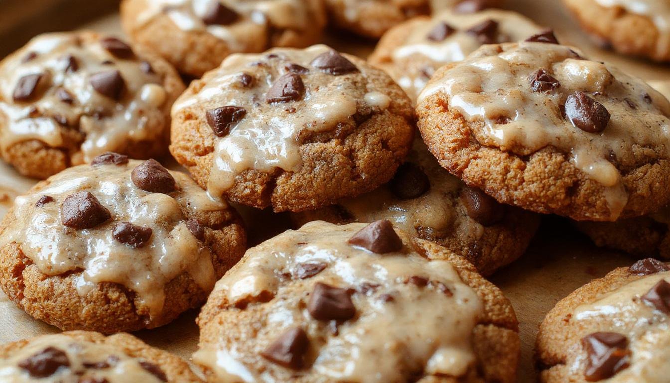 A plate of golden-brown pumpkin cookies with a smooth, slightly cracked surface, decorated with ghostly white icing eyes and mouth, arranged neatly on a rustic wooden table with fall-themed accents like small pumpkins and cinnamon sticks.