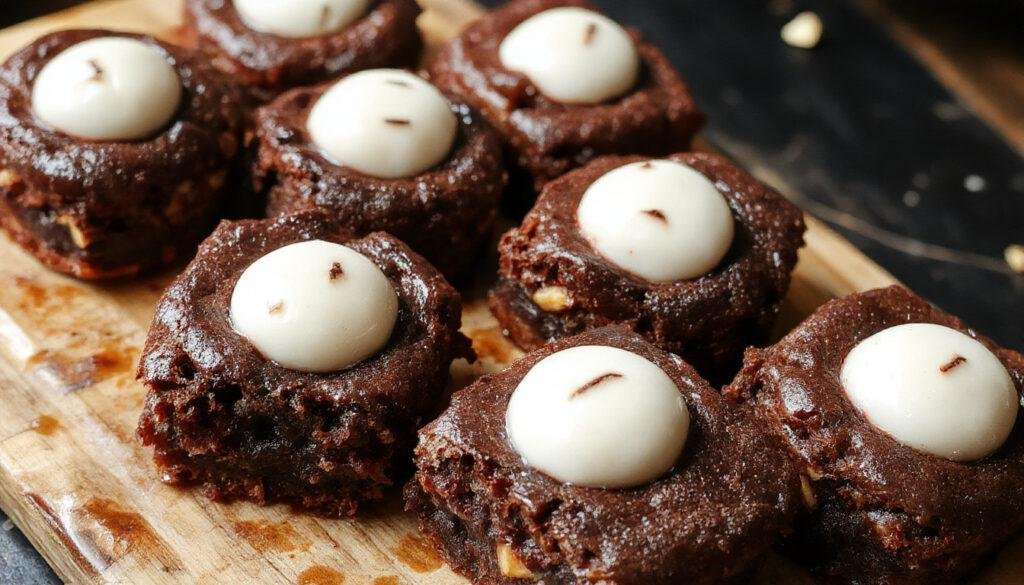 A tray of spooky eyeball brownies topped with white icing and red icing veins, with each eyeball garnished with a chocolate chip pupil, presented on a dark Halloween-themed platter