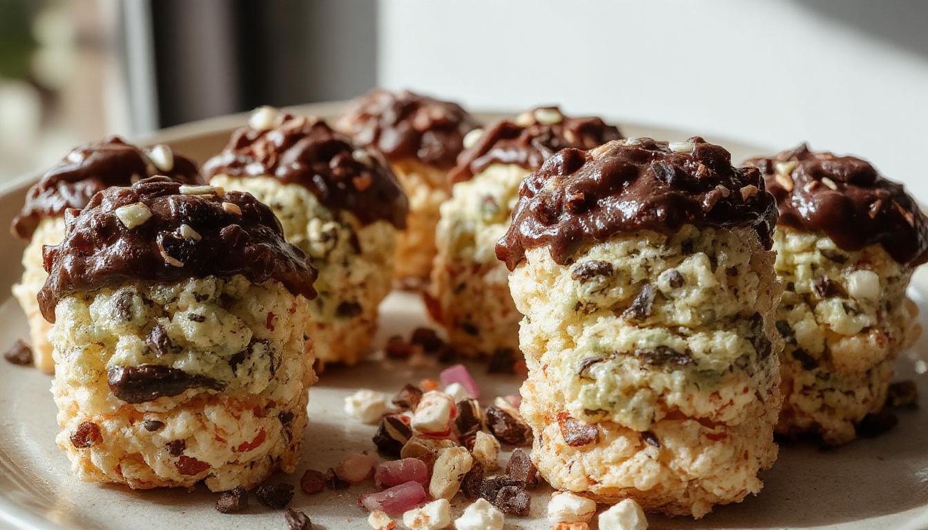 A vibrant plate of Frankenstein Rice Krispie Treats decorated with green icing for the face, black candy eyes, and black licorice hair, presented on a festive orange and black Halloween-themed table with pumpkins and spider decorations in the background.