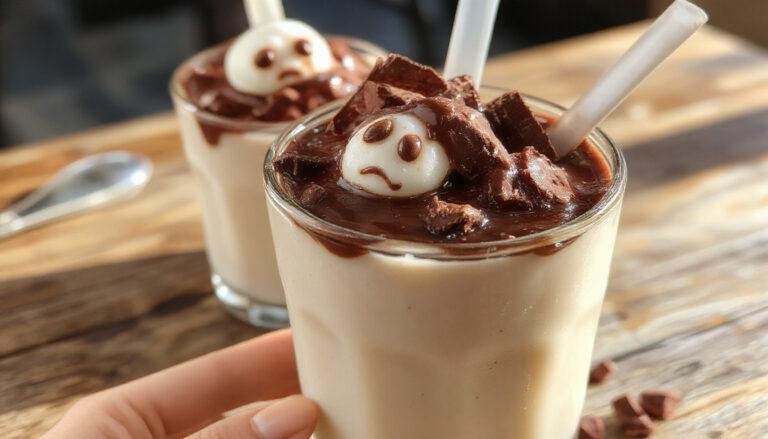 A tall transparent glass filled with creamy dark chocolate milk, topped with a spooky ghost-shaped marshmallow nestled on the surface. The ghost has expressive eyes and a smiling mouth, with the milk's rich color contrasting against the white marshmallow. The glass is set on a dark surface with a faint glow, and Halloween-themed decorations like cobwebs and tiny pumpkins are softly blurred in the background.