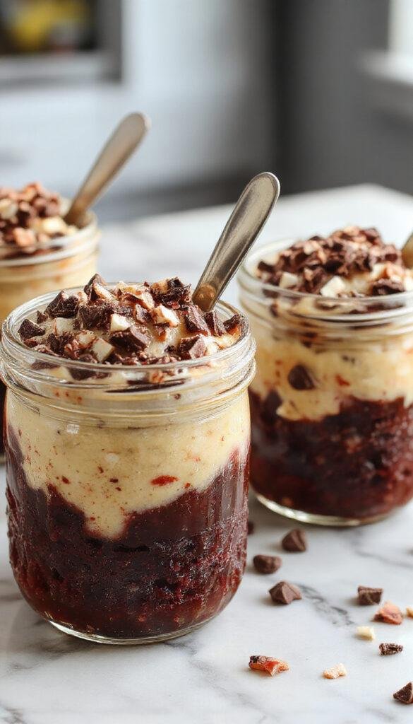 A set of spooky Halloween cake jars decorated with witch hats, candy eyes, and vibrant orange and purple layers, perfect for a festive scare and sweet treat.