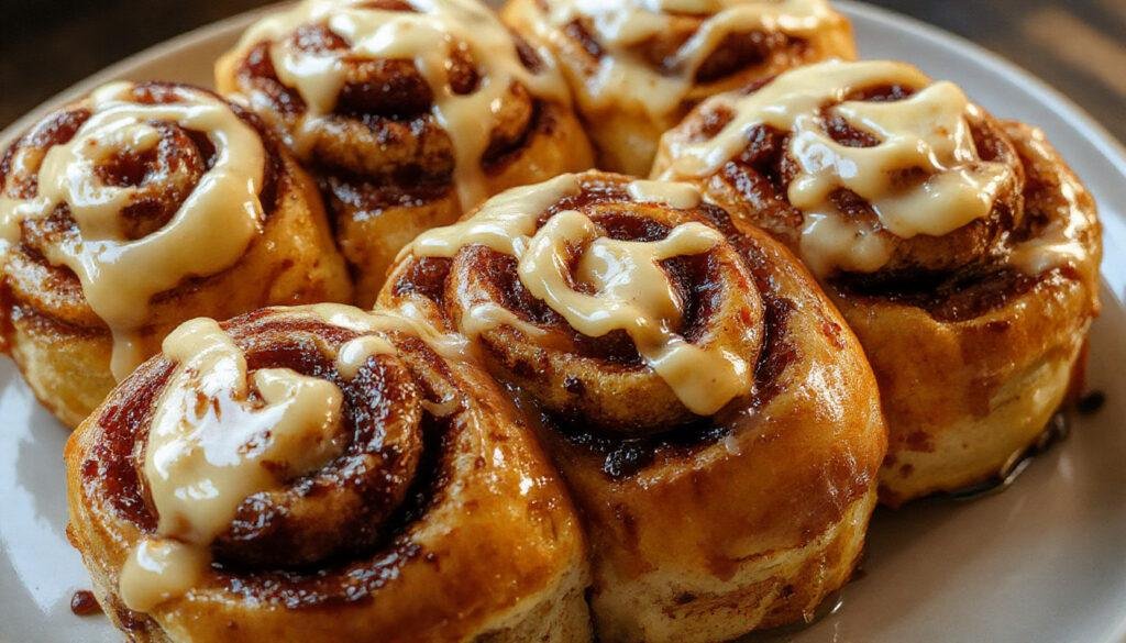 A batch of freshly baked Halloween cinnamon rolls with orange and purple icing, decorated with spooky faces and spiderwebs, arranged on a dark rustic platter, with some cinnamon sticks and fall leaves around.