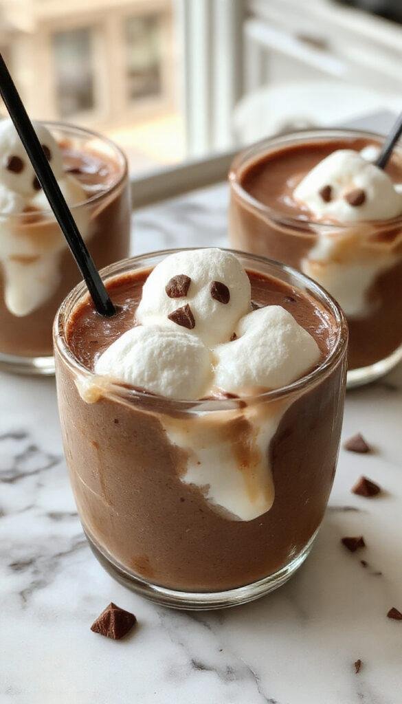 A festive Halloween mug of hot chocolate topped with a marshmallow ghost with a spooky face, surrounded by Halloween decorations.
