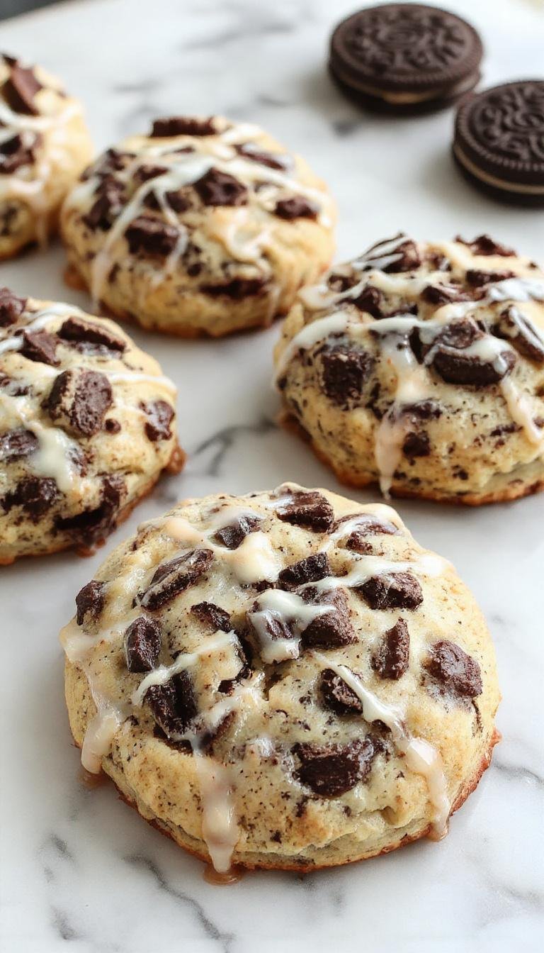 A plate of Spooky & Sweet Oreo Spiderweb Scones decorated with icing spiderwebs and sprinkles, perfect for Halloween.