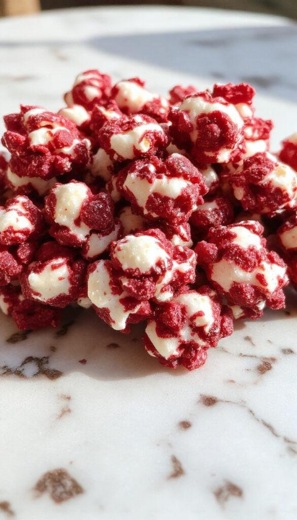 A spooky themed bowl of red velvet popcorn decorated with candy eyes and drizzle of white chocolate, glowing under dim lights.