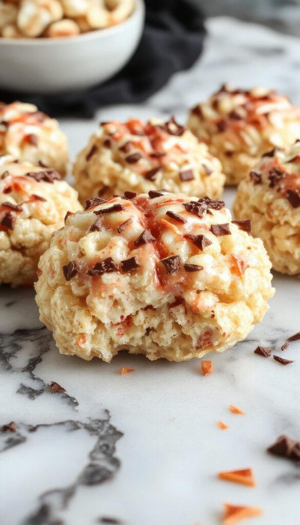 A spooky Halloween scene featuring Rice Krispies treats shaped like brains, decorated with red and black icing, with Halloween-themed background props.