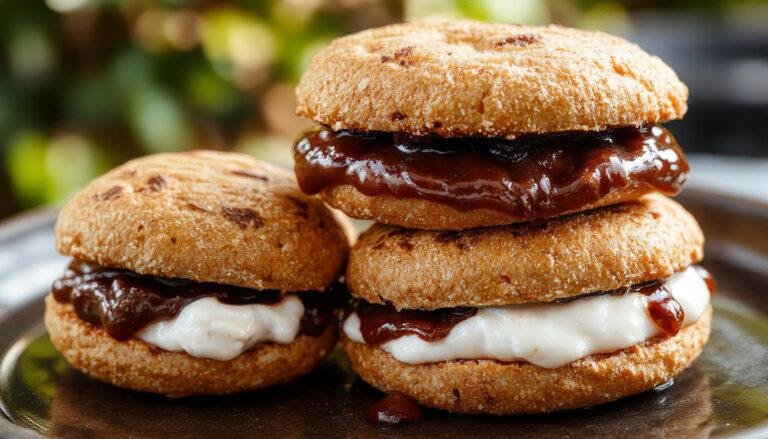 A plate of Halloween-themed s'mores featuring graham crackers, melted marshmallow, and melted chocolate decorated with eerie black and orange icing, topped with mini candy pumpkins and ghost-shaped marshmallows, all arranged neatly on a dark rustic wooden board.