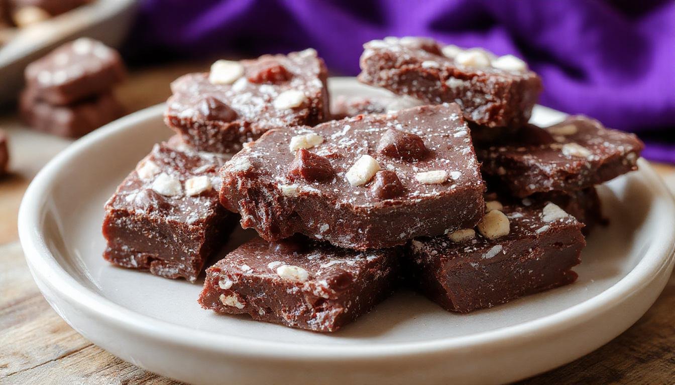 A close-up of a rectangular vampire fudge piece with dark chocolate outer layer and red jelly filling resembling blood, garnished with edible spider web design on top, placed on a spooky themed Halloween plate with cobweb decorations and small plastic spiders around.