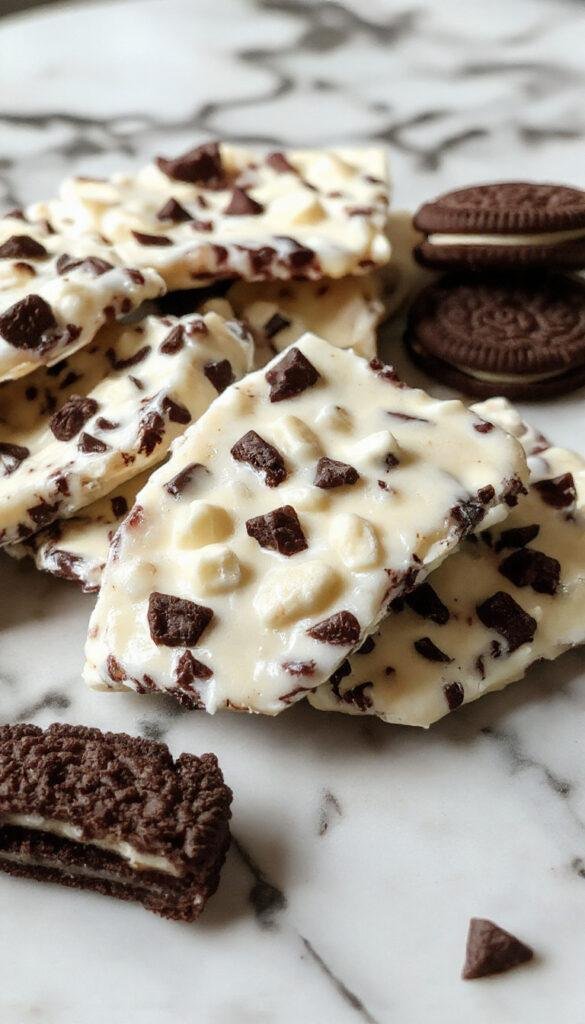 A spooky-themed white chocolate Oreo bark decorated with ghost and pumpkin shapes, colorful sprinkles, and eerie patterns on a dark platter.